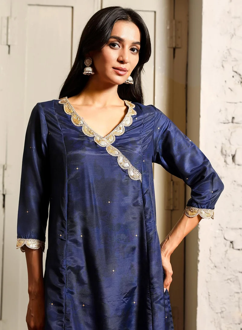 Qissa  Women's Navy Blue Botanical Block Kurta With Trousers & Dupatta For Casual Wear | V-Neck | Quarter Sleeve | 3 Piece Kurta Set Designed With Comfort Fit For Everyday Ethnic Wear for Women | Best Price UAE
